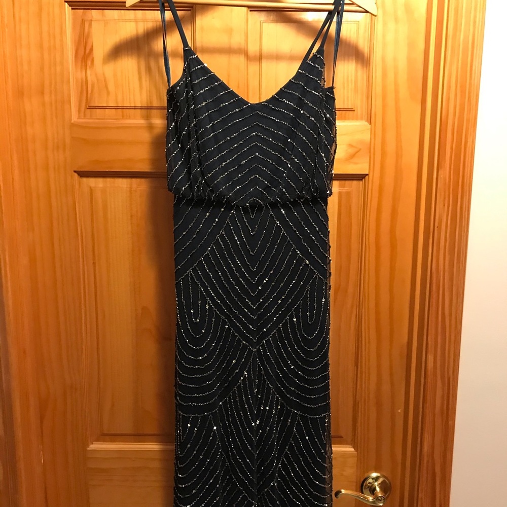 Art deco blouson beaded gown in Navy